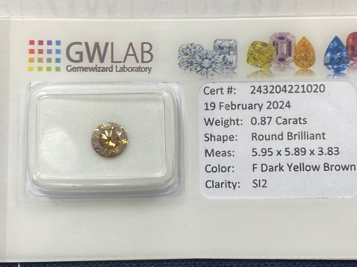 1 pcs Diamant - 0.87 ct - Rond - Fancy dark yellow brown - SI2, NO RESERVE PRICE