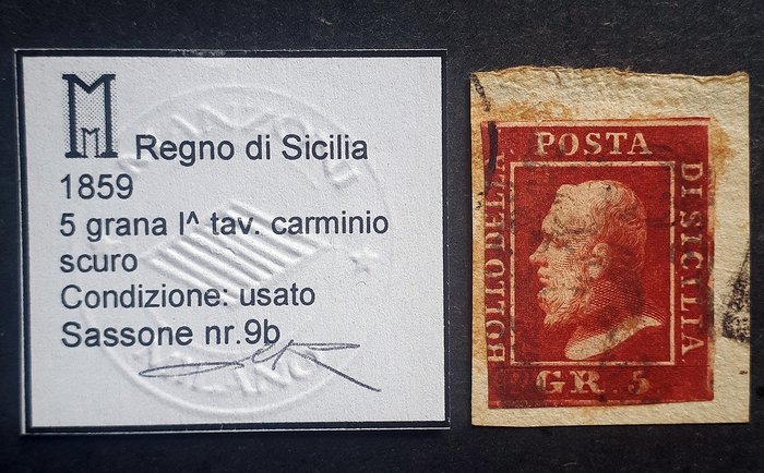 Italienische antike Staaten - Sizilien 1859 - 5 dunkle Karminkörner, verwendet auf Fragment - Sassone N. 9b