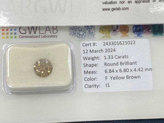 1 pcs Diamant - 1.33 ct - Rotund - Fancy yellow brown - I1, NO RESERVE PRICE