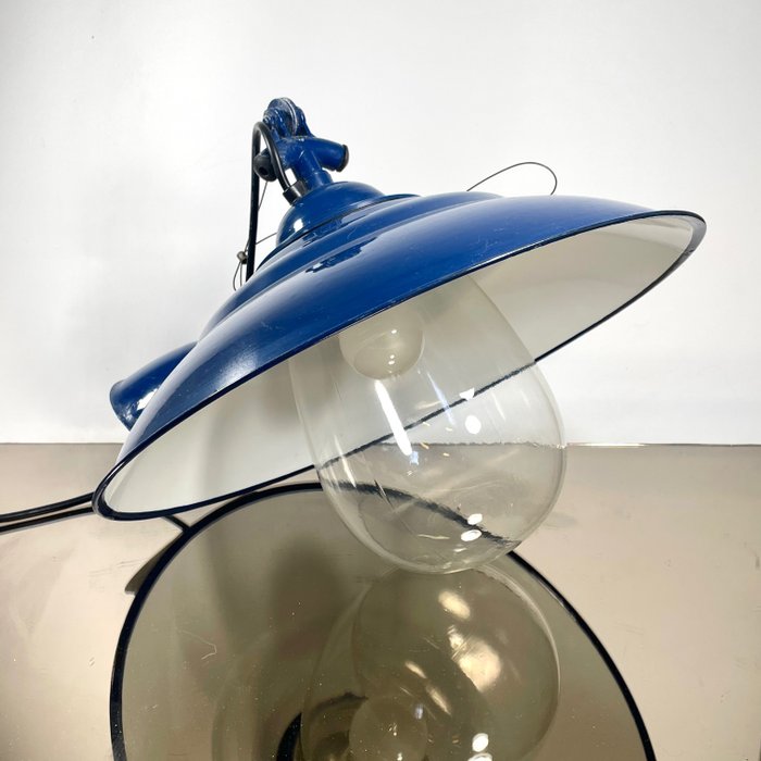 Lamp - Vintage Blauwe Hanglamp - Emaille, Glas, Metaal