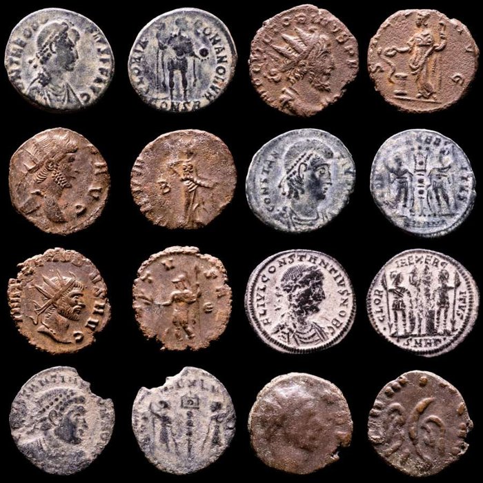 Roman Empire. Lot comprising eight (8) AE coins:  Antoninianus, Follis, Maiorinas. Antoninianus, Follis, Maiorinas. Theodosius, Victorinus, Gallienus, Claudius II (2), Constantius II (2) & Constantine II