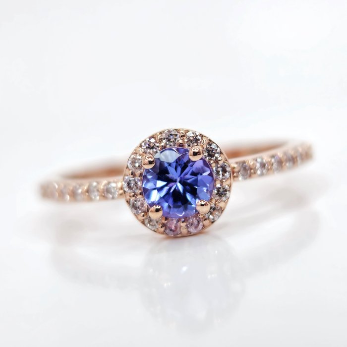 沒有保留價 - 0.50 ct Blue Tanzanite & 0.30 ct N.Fancy Pink Diamond Ring - 2.12 gr - 戒指 - 14 克拉 玫瑰金 坦桑石 