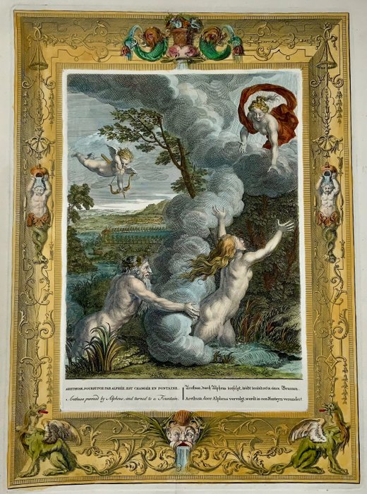 Bernard Picart (1673-1733) - Large hand coloured folio - Mythology: Arenthusa pursued by Alpheus - Dragons, Mermaids