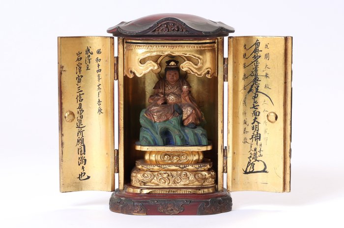 Benzaiten 弁財天 Statue by Asako Shukei 浅子周慶 with Zushi Altar Cabinet and Pedestal - Ξύλο - Ιαπωνία