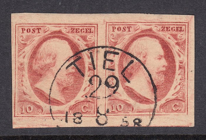 Niederlande 1852 - König Wilhelm III., im breitkantigen Paar von Tafel IV mit Halbkugel Tiel-C - NVPH 2