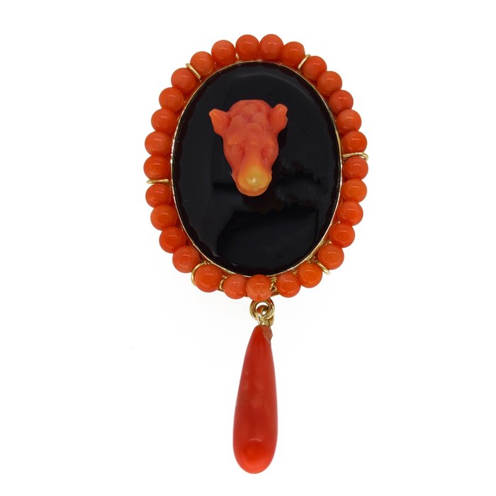 Brooch Yellow gold, 18 carats - Mediterranean red corals Onyx 