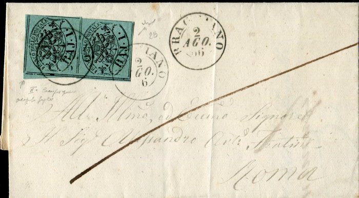 Italienische antike Staaten - Kirchenstaat 1852/1864 - Brief gestempelt Paar 1 baj dunkelgrün 2. Zusammensetzung. - Sassone 2B