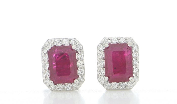 No Reserve Price Earrings - White gold, NEW  2.50ct. Emerald Ruby - Diamond 