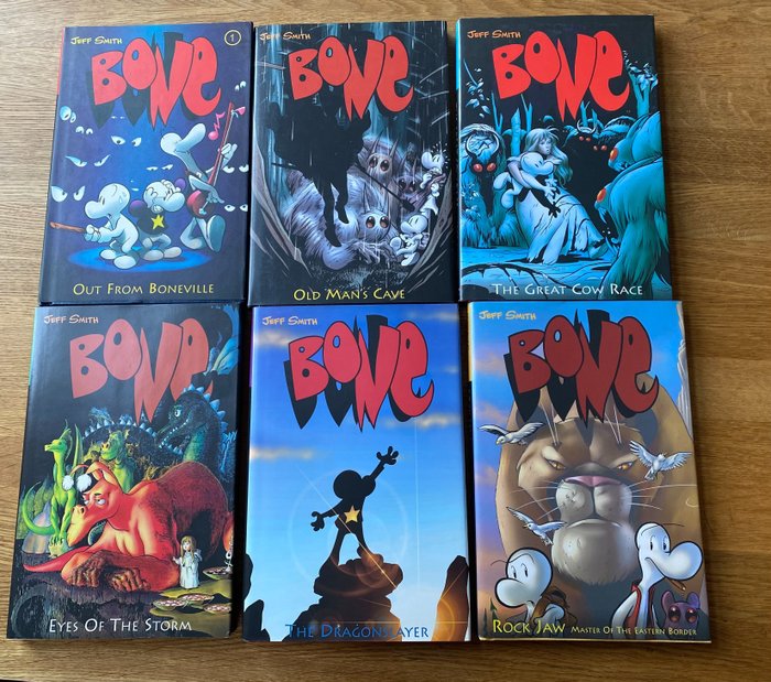 Bone hardcover met dust-jacket vol 1 to 6 by Jeff Smith and nrs 28 & 29 of Bone CB (Cartoon Books) 1 t/m 6 vd hardcover en 28 & 29 van de softcover comic - Bone - 8 Comic - First edition - 1995/1999