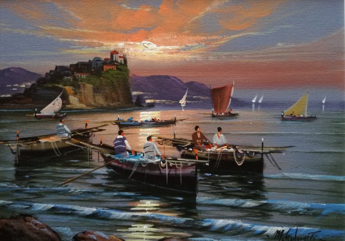 Mario Galanti (XX) - Tramonto  con pescatori ad Ischia