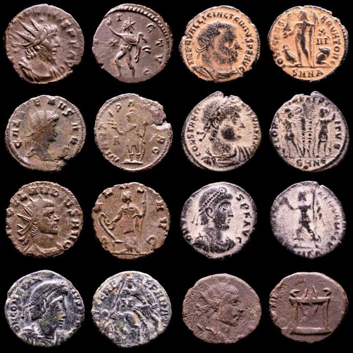 Impero romano. Lot comprising eight (8) AE coins:  Antoninianus, Follis, Maiorinas. Antoninianus, Follis, Maiorinas. Victorinus, Licinius I, Claudius II (2), Gallienus, Constantine I, Constans & Constantius II
