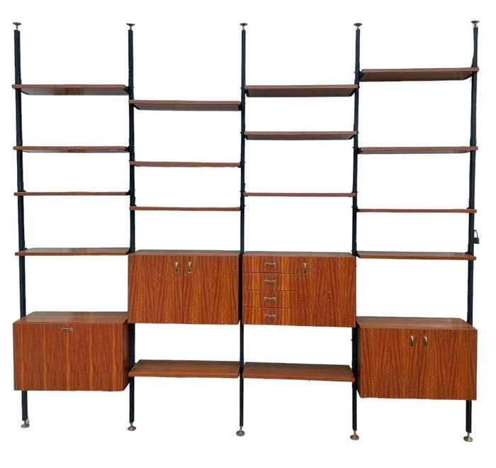 书柜 - 柚木、铁、黄铜书柜，1960 年代意大利现代设计 - 柚木