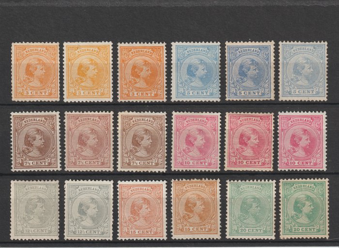 Holandia 1891/1894 - Odmiany kolorystyczne księżniczki Wilhelminy - NVPH 34(3x), 35(3x), 36(3x), 37(3x), 38(2x), 39(2x), 40(2x)