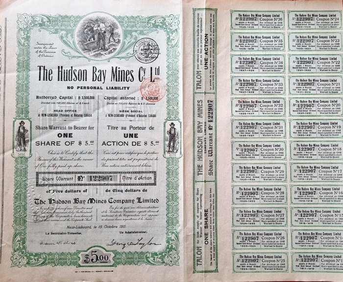 Anleihen- oder Aktiensammlung - Kanada – Ontario – The Hudson Bay Mines 1911 – Coupons 24 Coupons
