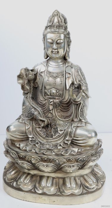 Schitterend beeld Quan Yin op lotustroon - 镀银青铜 - 中国