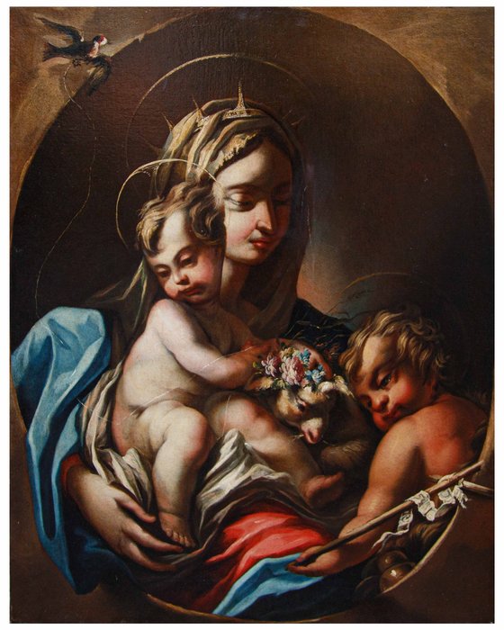 Scuola genovese (XVII) - Madonna con Bambino, San Giovannino e cardellino