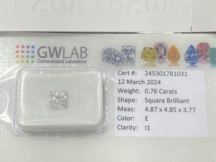 1 pcs 钻石 - 0.76 ct - 方形 - E - I1 内含一级, NO RESERVE PRICE