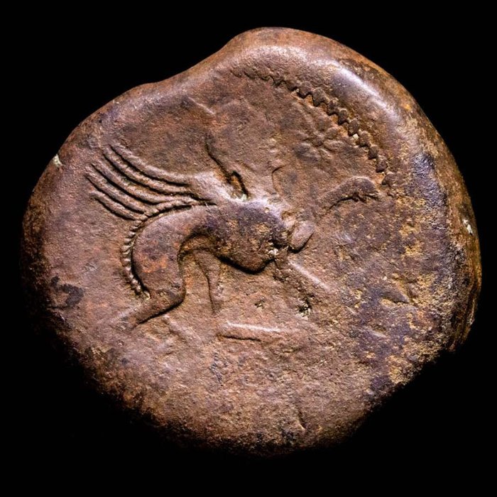 西班牙 (羅馬行省)，Castulo. As Bronze heavy series As (25,28 g. 31 mm), 180 - 150 BC.  Sphinx to right