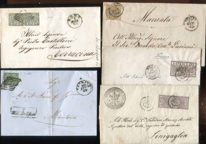Italian Ancient States - Papal State 1852 - 5 documents with variety of postage - Sassone 3, 3Aa, 4a, 6