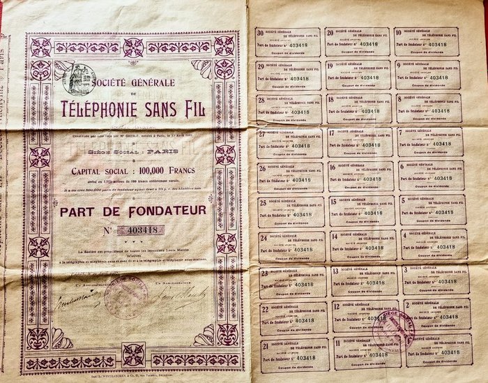 Anleihen- oder Aktiensammlung - Aktion Société Générale de Téléphonie Sans Fil Paris 1907 – Alle 30/30 Coupons