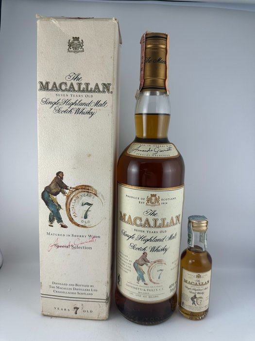 Macallan 7 years old - with Miniature - Original bottling  - b. 1990-tallet - 70cl - 2 bottles