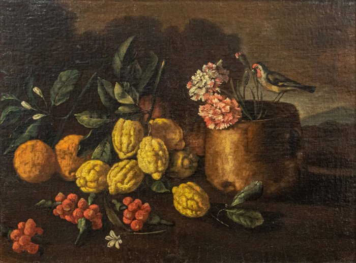 Scuola Napoletana (XVII) - Natura morta con limoni e uccellino