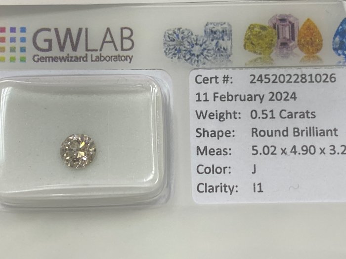 1 pcs Diamant - 0.51 ct - Rotund - J - I1, NO RESERVE PRICE