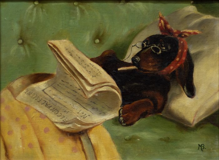 Pittore francese del XIX-XX secolo - Cane con giornale