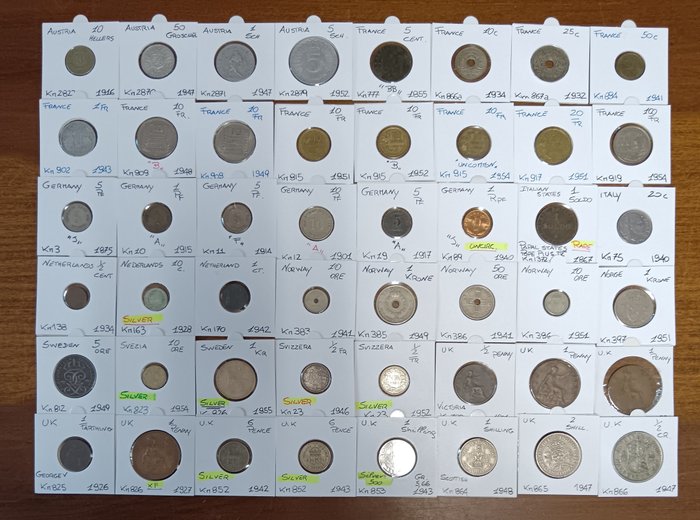 Európa. A lot of 48 x European coins including 8 silver, nice selection 1855 - 1955
