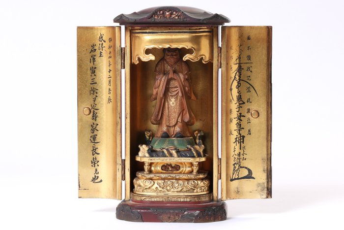 Kishimojin 鬼子母神 (Hariti) Statue by Asako Shukei 浅子周慶 with Zushi Altar Cabinet and Pedestal - Legno - Giappone