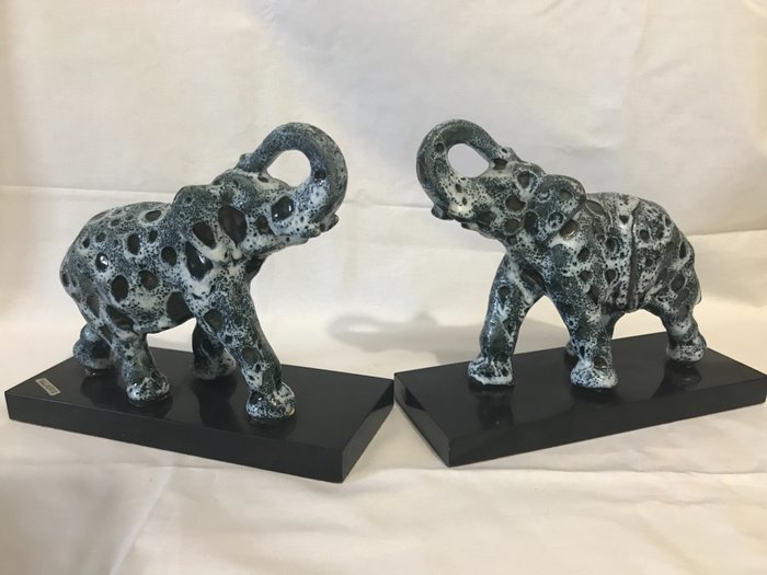 Vallauris - Attribué à Roger Capron - Bogstøtte (2) - Elefant bogstøtter med etiket - Marmor, Glaseret keramik