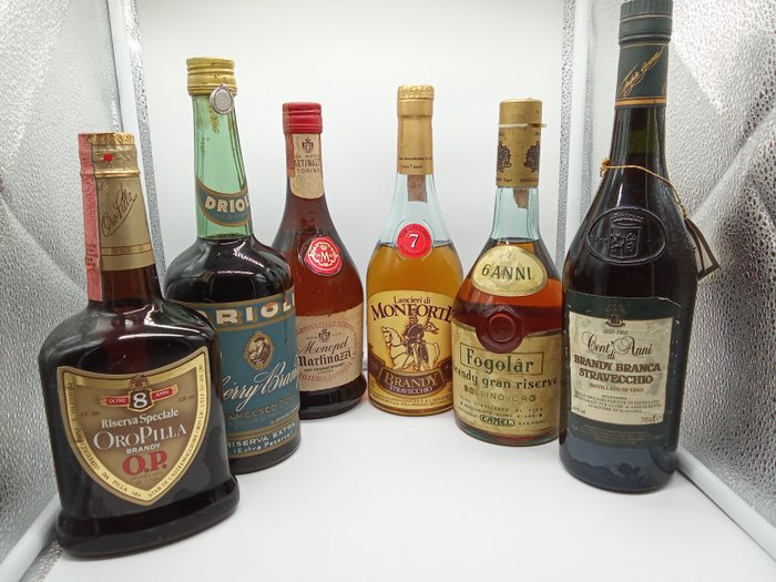 Oro Pilla 8yo + Drioli Cherry Brandy + Martinazzi Orange Brandy + Monforte 7yo + Camel Fogolar 6yo  - b. 1950-1980-as évek - 0,7 liter, 0,75 Ltr - 6 üvegek