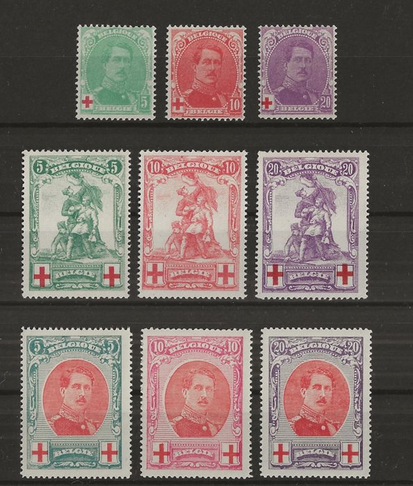 Belgien 1914/1915 - Mérode og kong Albert I i medaljon - Røde Kors - OBP/COB 126/28 + 129/31 + 132/34