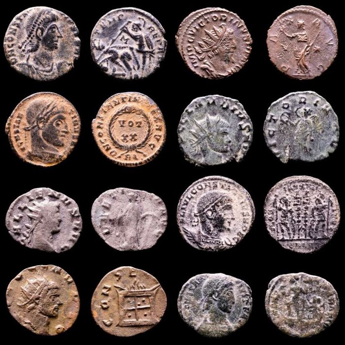 Empire romain. Lot comprising eight (8) AE coins:  Antoninianus, Follis, Maiorinas. Antoninianus, Follis, Maiorinas. Constantine I, Victorinus, Claudius II (2), Constantius II (2), Gallienus & Constans