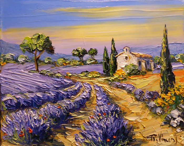 Vincent Rallo (1954) - Chapelle dans les lavandes en haute en Provence