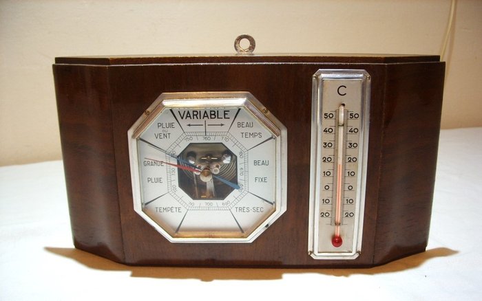 Barometer - Art-Deco-Wetterstationsthermometer Hartholz-Aluminiumglas geschnitten