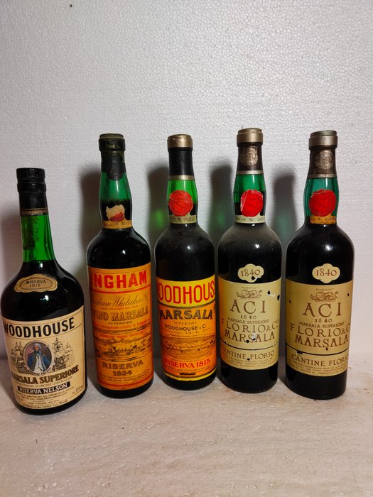 Marsala: 1840 Solera x2 Florio, 1834 Solera Ingham Whitaker & 1815 Solera x2 Woodhouse (1x Nelson) - Sicily - 5 Bottles (0.65L + 0.68L + 0.75L)