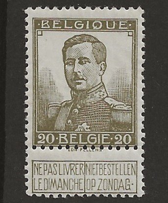 比利時 1912 - 20c 銅綠色，描繪阿爾伯特一世 - OBP/COB 112a