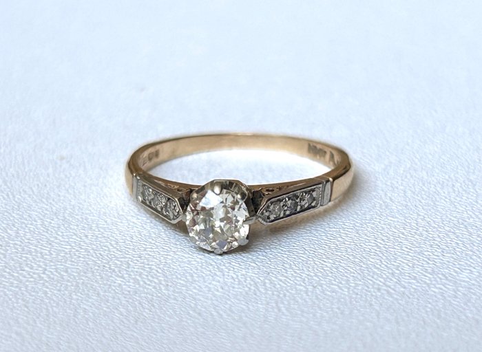 Antique Art Deco Soltaire Ring - Gelbgold, Platin Rund Diamant 