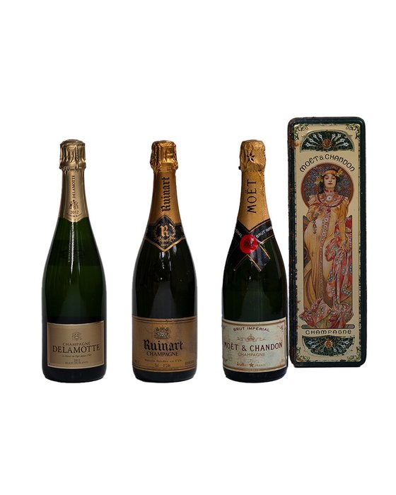 Moët & Chandon Brut Imperial, Ruinart & 2012 Delamotte Blanc de Blancs - Champagne Brut - 3 Flasker  (0,75 l)