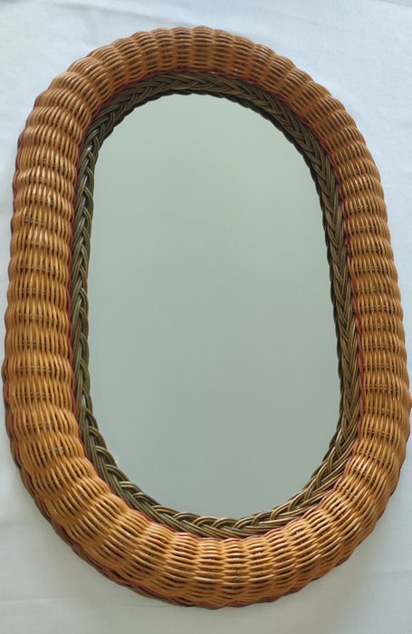 Espejo de pared  - Espejo ovalado vintage de mimbre tejido de colores sobre marco de madera
