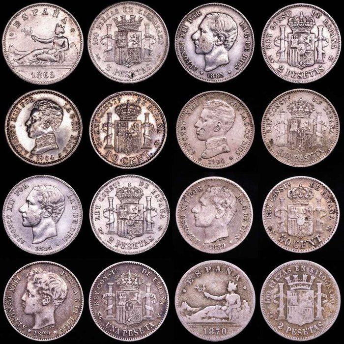 España. Conjunto de ocho (8) monedas de plata de España El lote Incluye: 8 monedas de plata con un peso de 55 gramos: (50 centimos, 1 peseta y 2 pesetas)