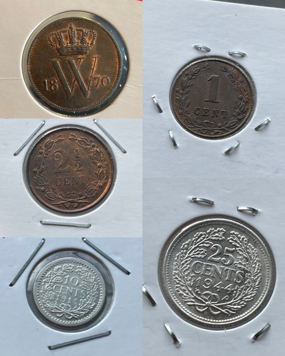 Niederlande. 1, 2 1/2, 10 en 25 Cents 1870/1944, Setje van 5 munten, incl. zilver