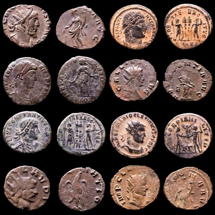Römisches Reich. Lot comprising eight (8) AE coins:  Antoninianus, Follis, Maiorinas. Antoninianus, Follis, Maiorinas. Victorinus, Constantine I, Gallienus, Claudius II (2), Constantius II, Diocletian & Theodosius
