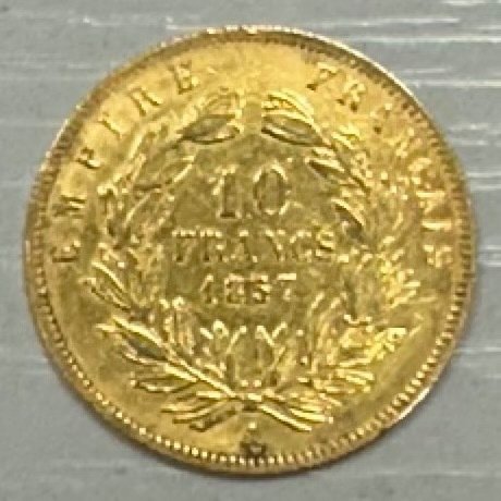 França. 10 Francs 1857 A, Napoléon III, 3,22 g d'or .900