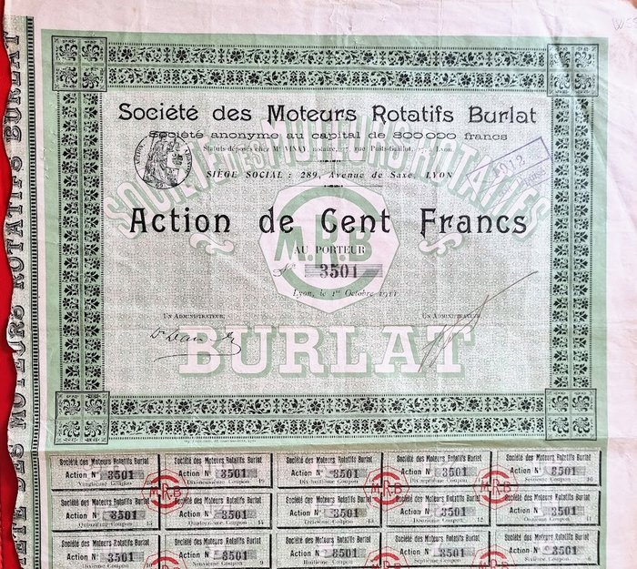 Anleihen- oder Aktiensammlung - Automobil – 100 FR-Aktie der Société des Engines Rotatifs BURLAT 1911 – 15 Coupons
