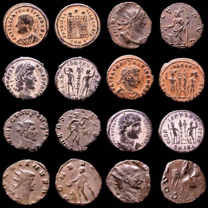 Impreiu Roman. Lot comprising eight (8) AE coins:  Antoninianus, Follis, Maiorinas. Antoninianus, Follis, Maiorinas. Victorinus, Constantine I, Constantius II (3), Claudius II (2) & Gallienus