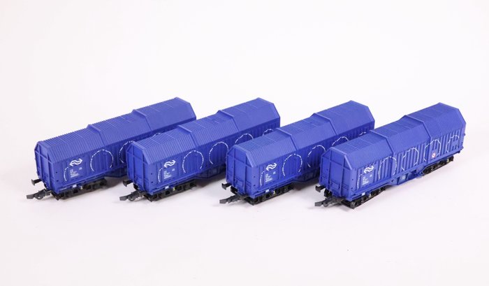 Roco H0 - 44059 - Set machetă tren cu vagon marfă (1) - Set de patru vagoane spiralate, vagoane cu prelata glisante tip Shimms - NS