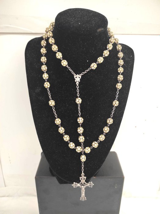 天主教念珠 - 大号念珠，银色和夜光水晶，0.900 银 - 1960-1970