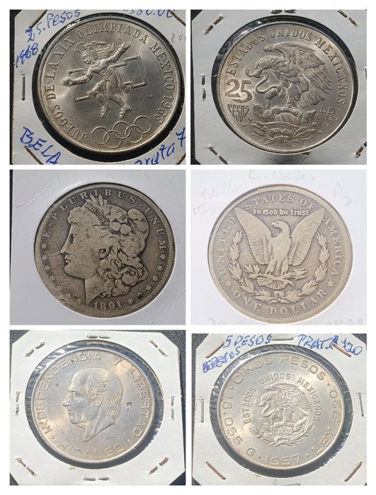 Estados Unidos. Morgan Dollar 1891, together with 2x Large Mexican Silver Coins